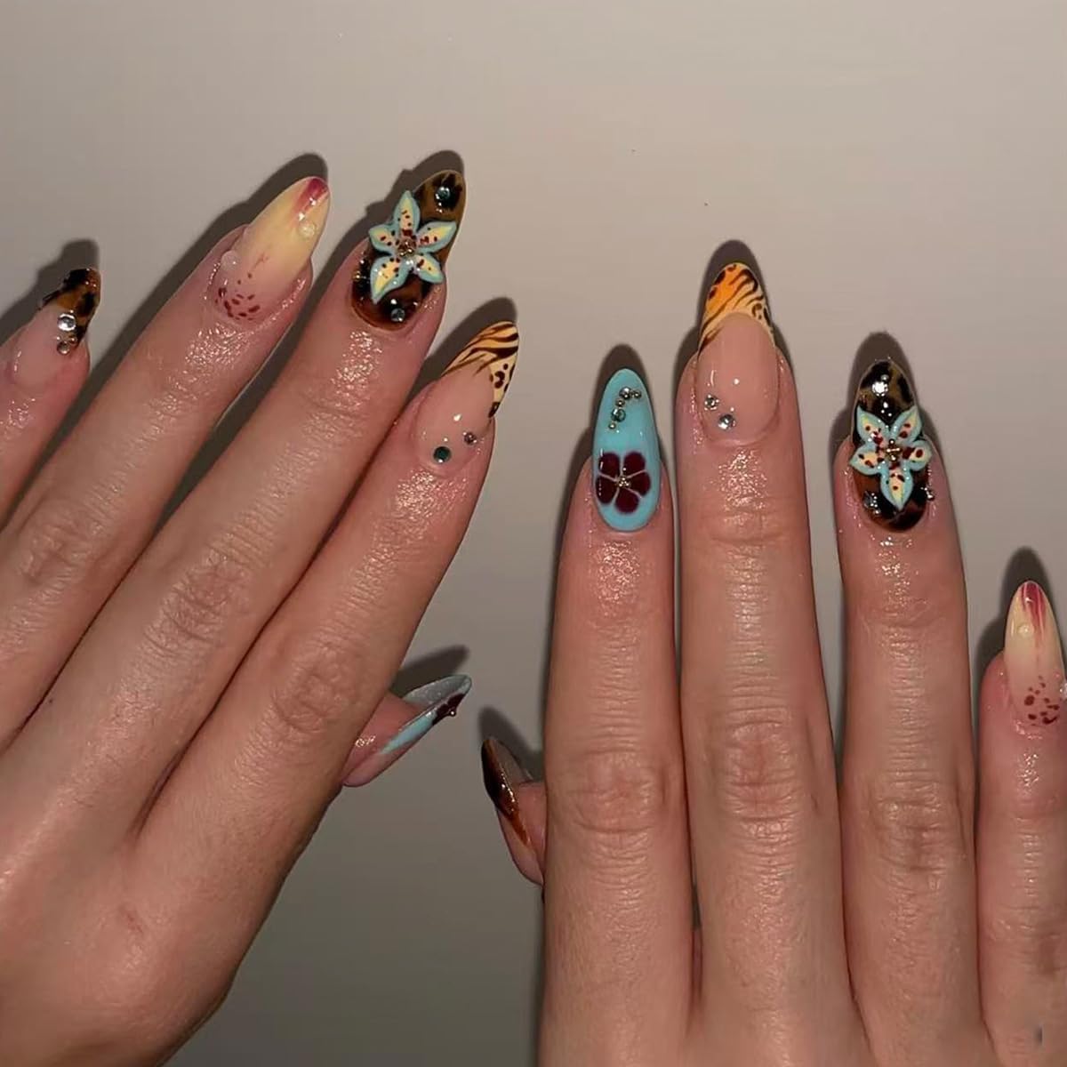 plalely Almond Press on Nails Long Colorful Fake Nailwith 3D Flowers Designs Acrylic Nail Press ons Sparkly Rhinestones Stick on Nails for Women 24pcs