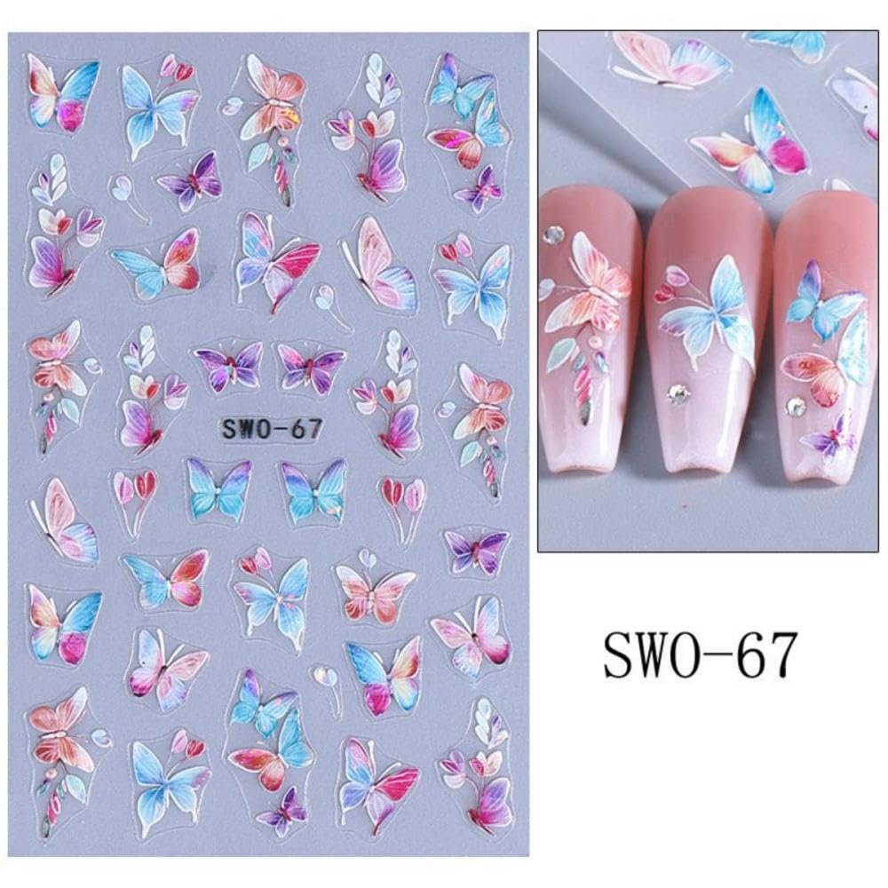 Flower Nail Stickers 5D Embossed Pearl Ocean Nail Decals 3D Self-Adhesive Summer Nail Art Stickers Coral Nail Designs Butterfly Beach Nail Art Decoration for Women Girls DIY 4 Sheets