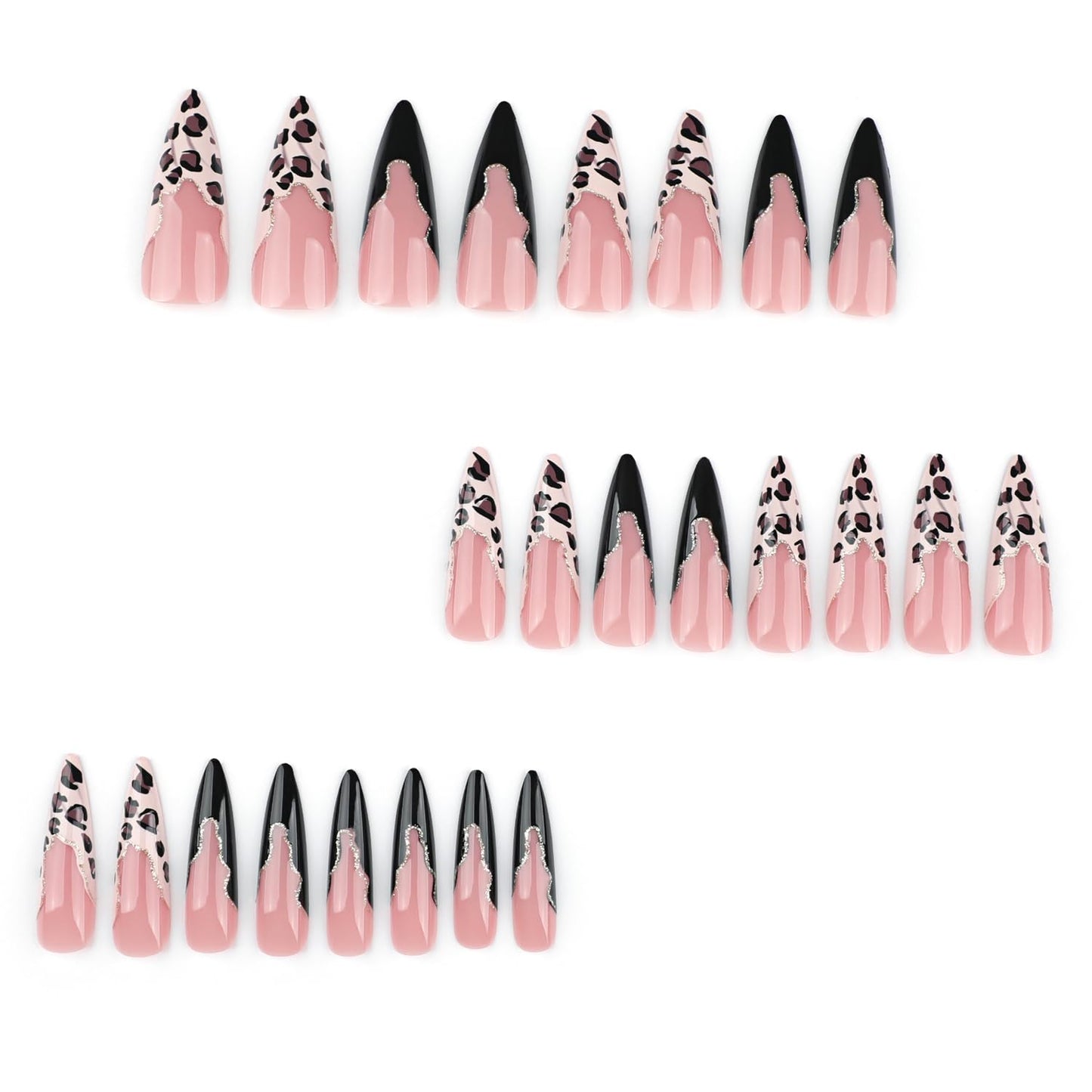 Stiletto Press On Nails Long Fake Nails Leopard Print With Glitter Design French Tip False Nails Artificial Glossy Reusable Acrylic Nail Full Cover Stick On Nail For Women Manicure Art 24pcs