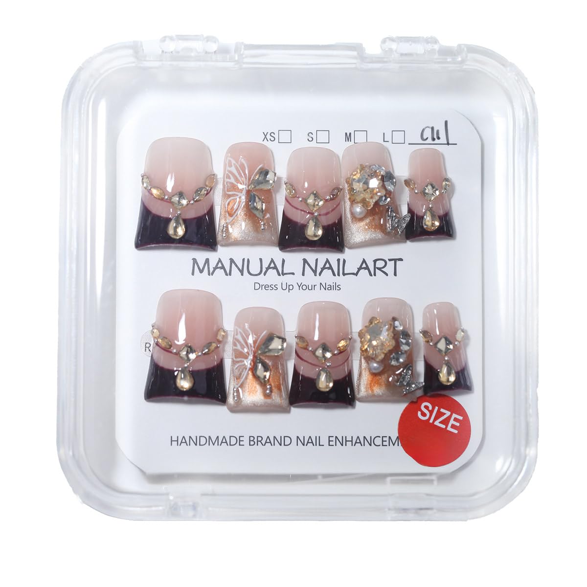 10Pcs Duck Shape Handmade Press On Nails | Easy Apply & Remove, Reusable Salon Quality Nails | Luxury Nude Pink Fake Nails with Butterfly, Teardrop Rhinestone & Dark Burgundy French Accents (O908, M)