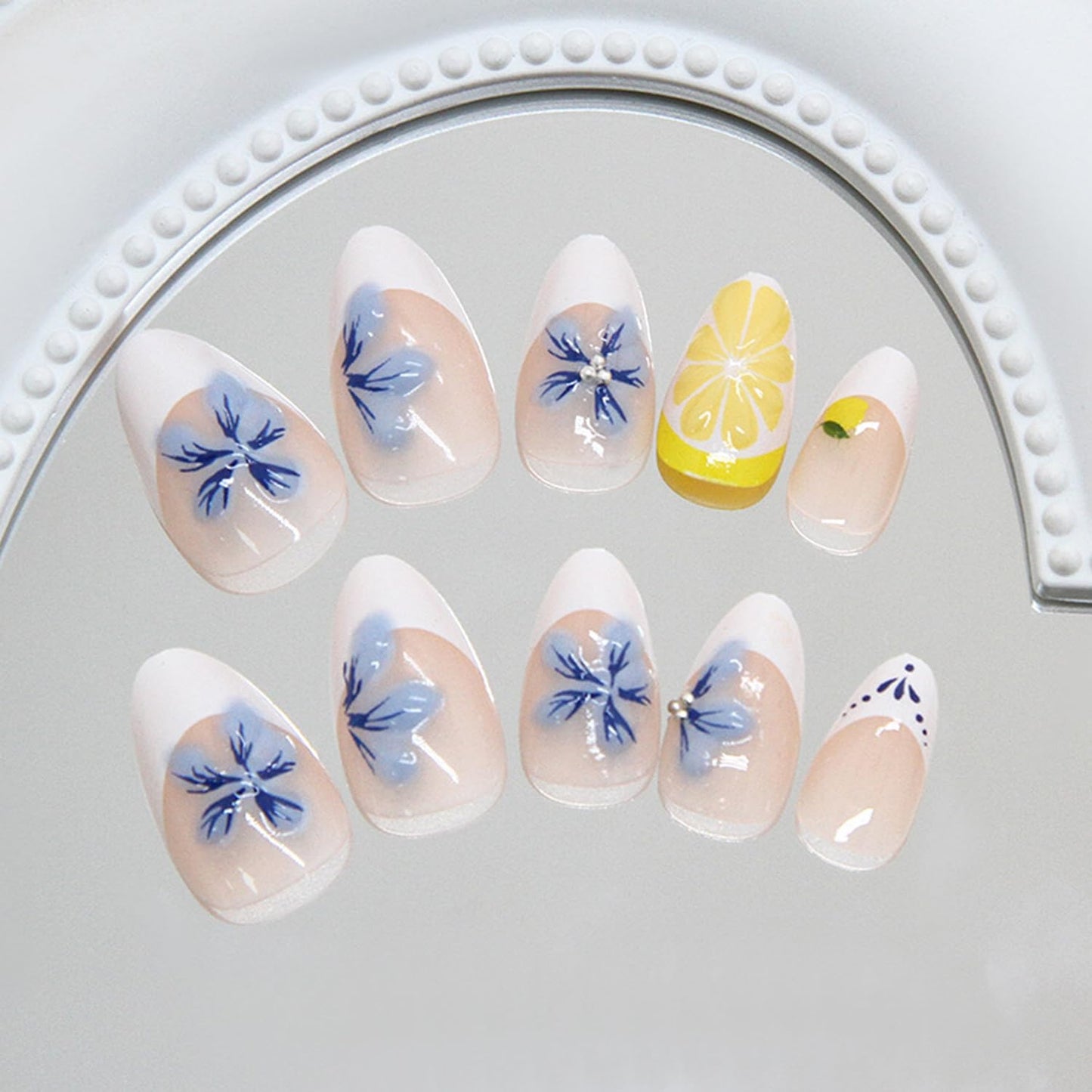 3D Flower Lemon Press on Nails White French Tip Fake Nails Short Oval Acrylic Glue on Nail Glossy Full Cover Artificial Stick on Nail for Women DIY Manicure