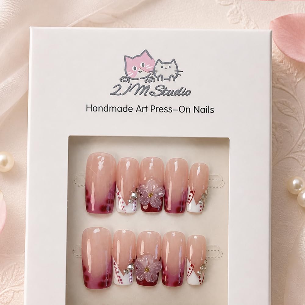 2IM Studio Handmade Press On Nails – 10 Piece Soft Gel Nail Kit with Glue & Tool Set, Reusable Artisan Nails, Salon-Quality Finish (Cherry Veil-S)