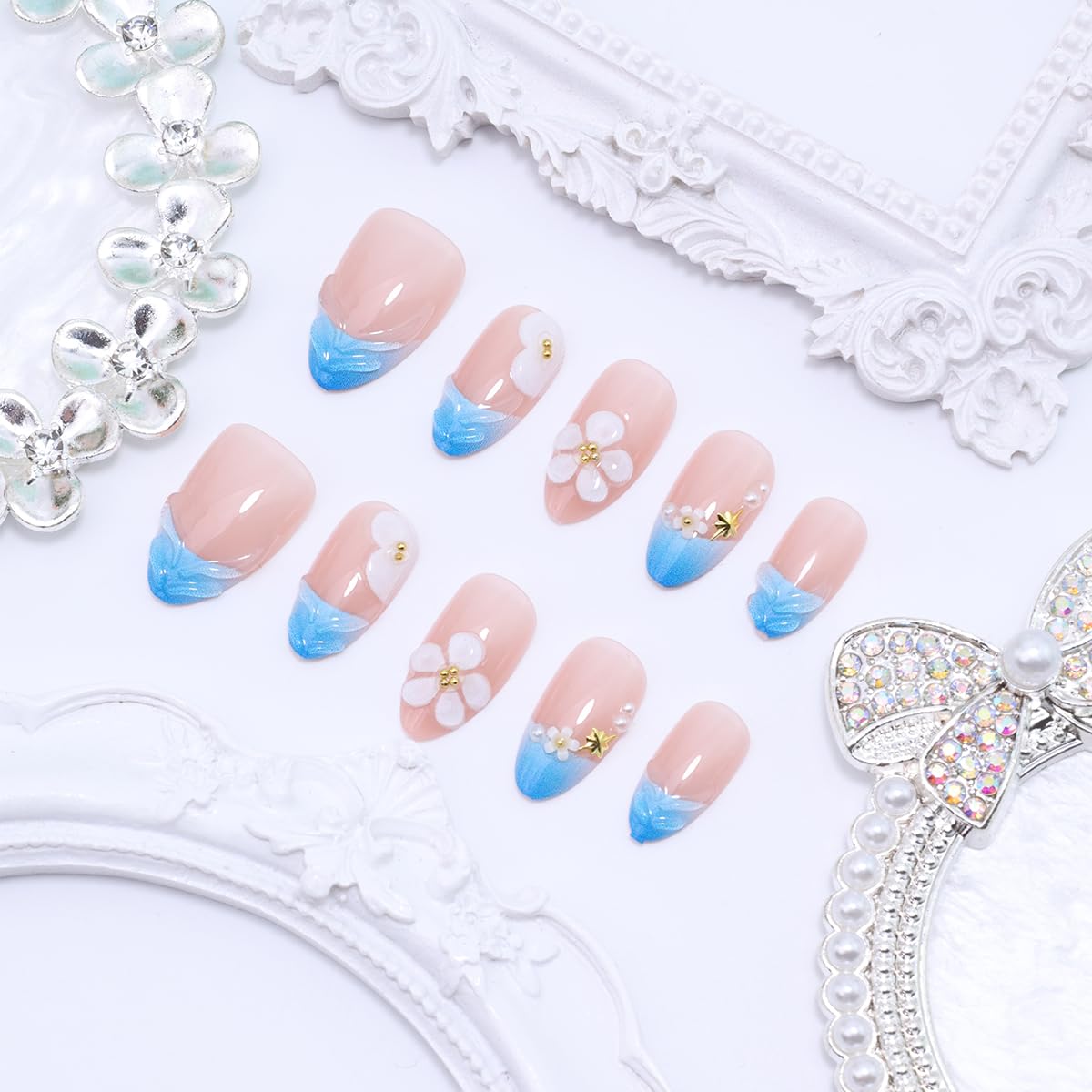 30Pcs Blue French Tip Press on Nails Short Almond Fake Nails with 3D Flower & Gold Rhinestones Design Nude Pink False Nail Full Cover Artificial Reusable Acrylic Nails Handmade Stick on Nail for Women
