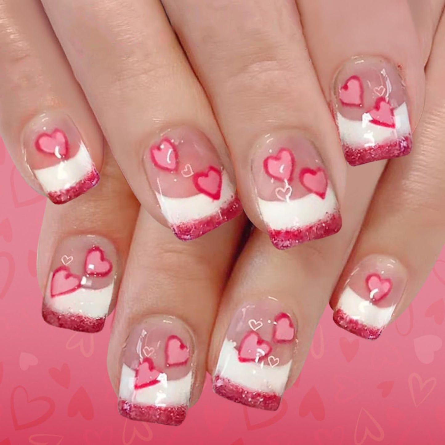 Valentines Press on Nails Short Square Artificial Acrylic Fingernails French Glitter Tip False Nails Pink Love Coffin Nail Full Cover Glossy Heart Stick on Nail for Women Festival Manicure 24Pcs