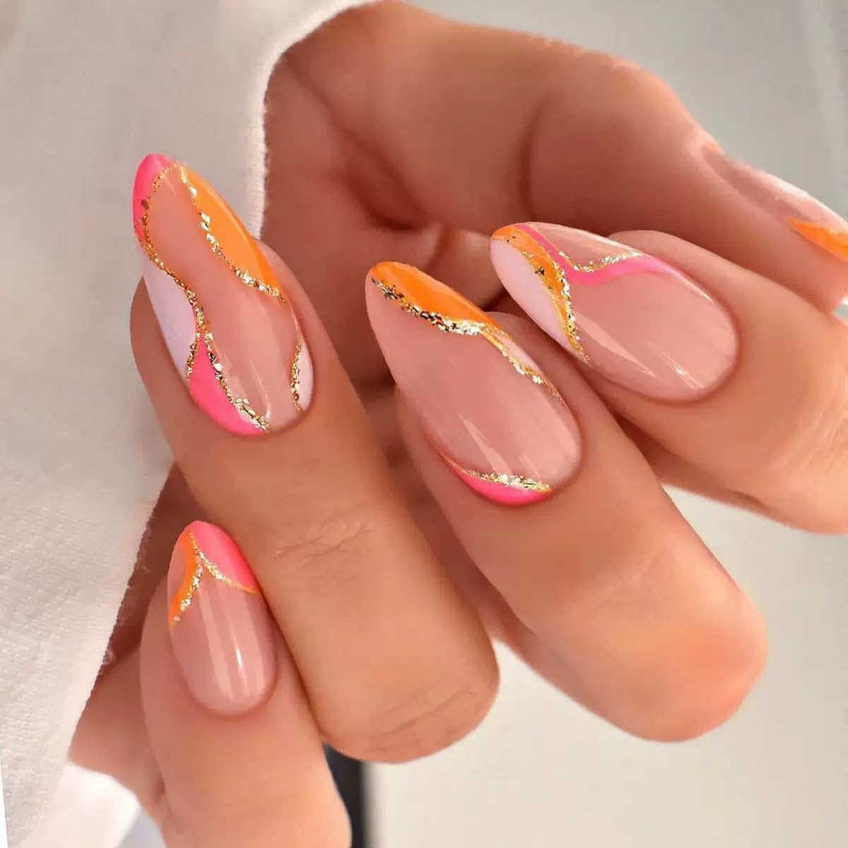 6 Packs (144 Pcs) Press on Nails Medium Almond Fake Nails French Tip False Nails with Designs Leaf Glue on Nail Full Cover Glossy Acrylic Stick on Nail for Women Manicure (Style-16)
