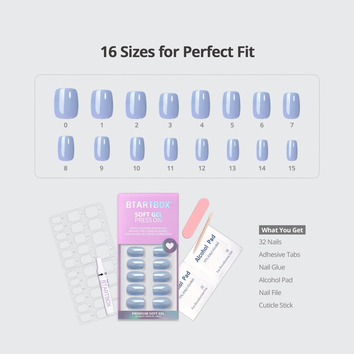 BTArtbox Press On Nails Short - Square Press On Nail, Blue Glossy Nail Tips Glue On Nails with Nail Glue, Reusable Stick On Nails in 16 Sizes - 32 Soft Gel Fake Nails Kit, Ocean Glazed