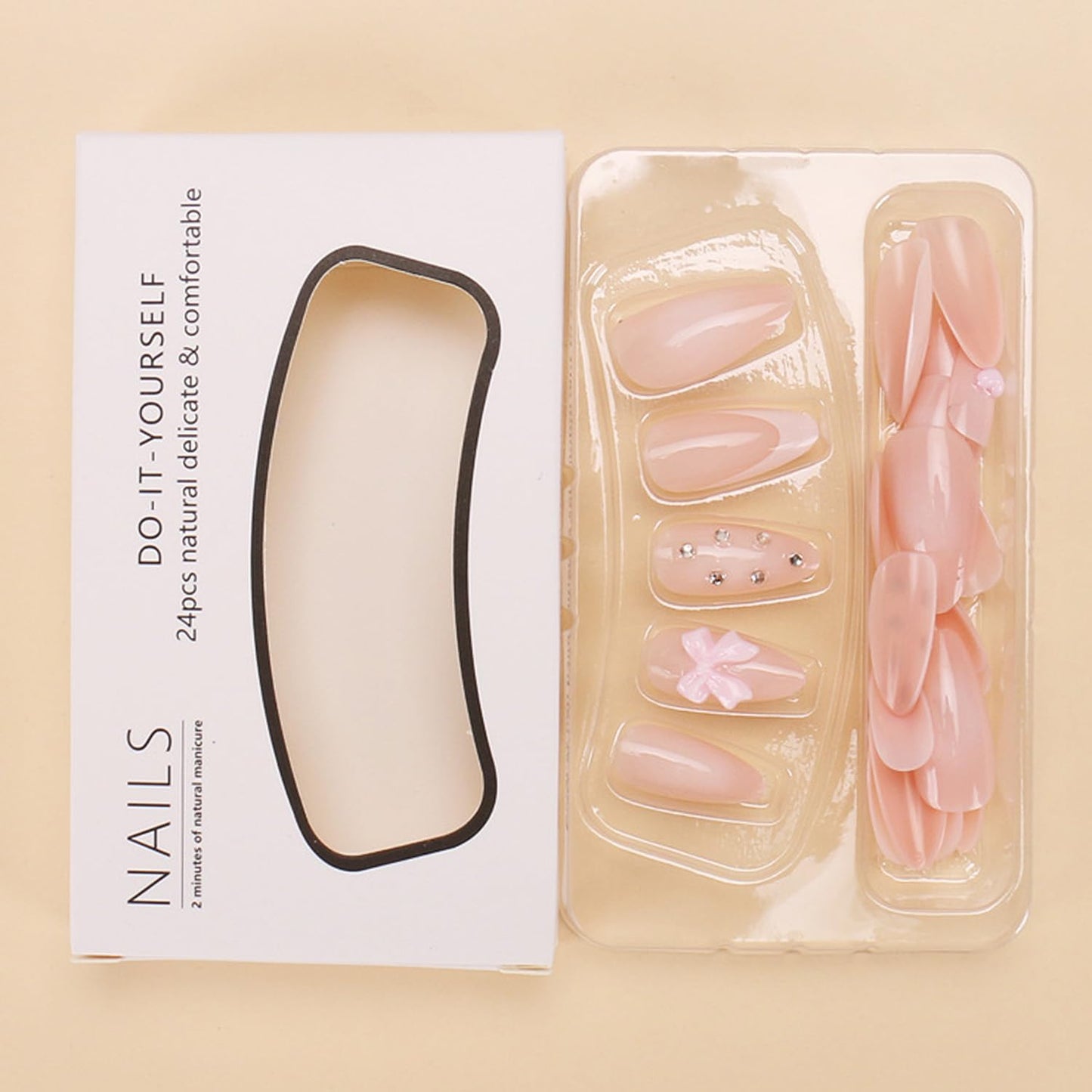 24Pcs French Tip Press on Nails Medium Almond Fake Nails French Heart Nails Press ons 3D Bow Charms Cute Design Manicure Rhinestone Bows False Nails Stick on Nails for Women