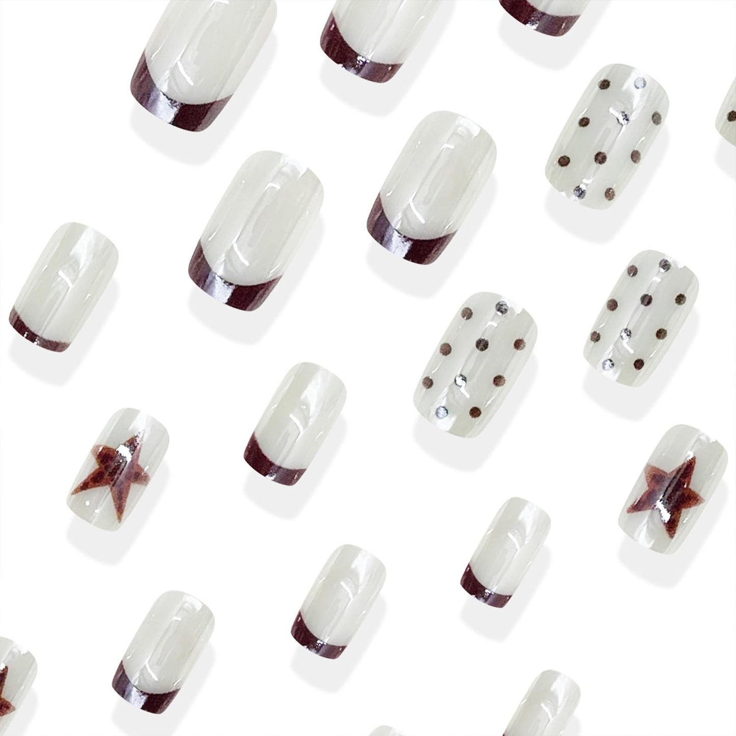 SINHOT Coffin Press on Nails - Medium Fake Nails, Glossy Finish, Polka Dot & Brown Star, Reusable Artificial False Nail Art - 24 Pcs Nail Kit with Glue