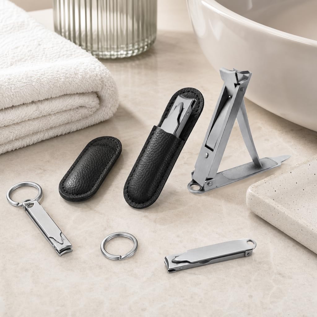 SG NEKOO Portable Ultra Thin Nail Clippers for Fingernail and Toenails, Stainless Steel Foldable Keychain Nail Cutter with Ear Pick and Case, Slim Travel Design for Men Women Adult
