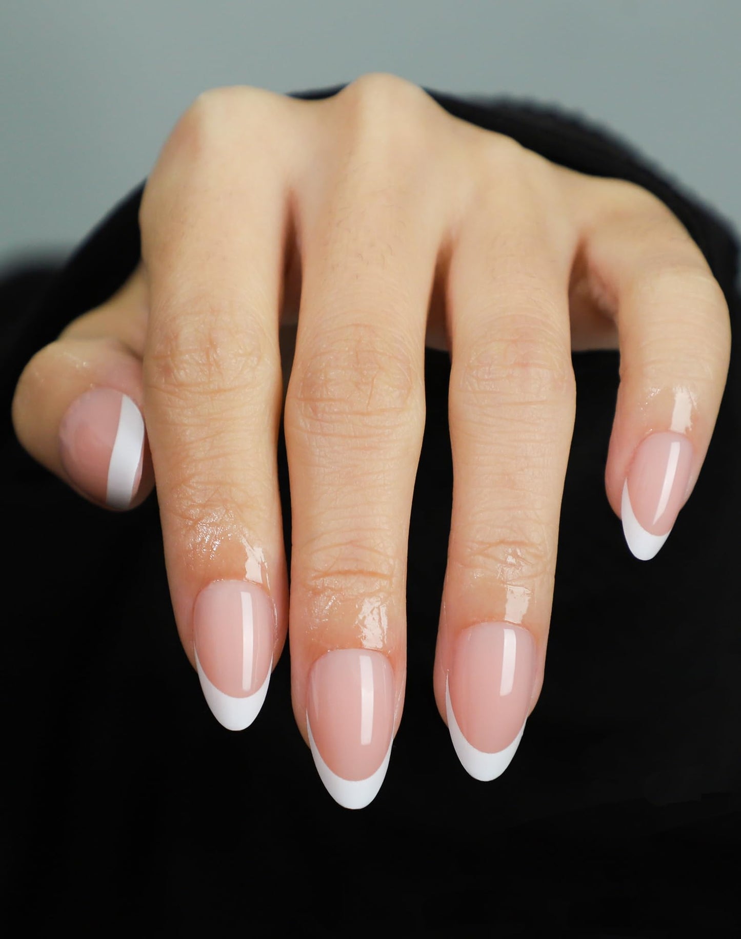 OIFEN Almond Press On Nails Short Fake Nails with Glue, Glossy Reusable Stick on Nails in 16 Sizes, Classic French & French Black Tip