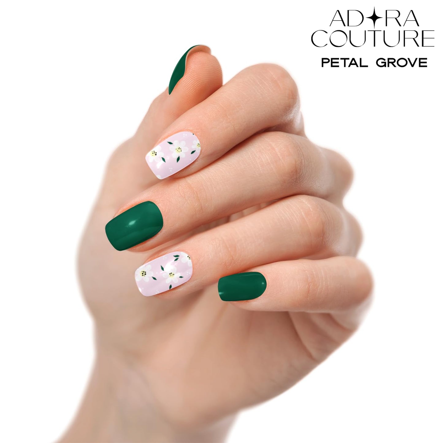 Adora Couture Semi Cured Gel Nail Strips with 30 Pieces, Salon Quality Wraps for Women, Beautiful Deep Green with Floral Accents UV Gel Stickers, UV Light Required, Petal Grove