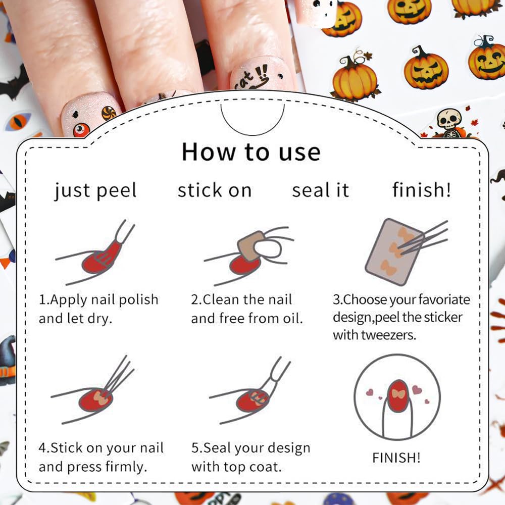 30 Sheets Halloween Nail Stickers for Nail Art, 3D Self-Adhesive Pumpkin Cat Nail Decals, Spider Bloody SkullNail Supplies Design Accessories for Women and Girls Manicure DIY Decoration