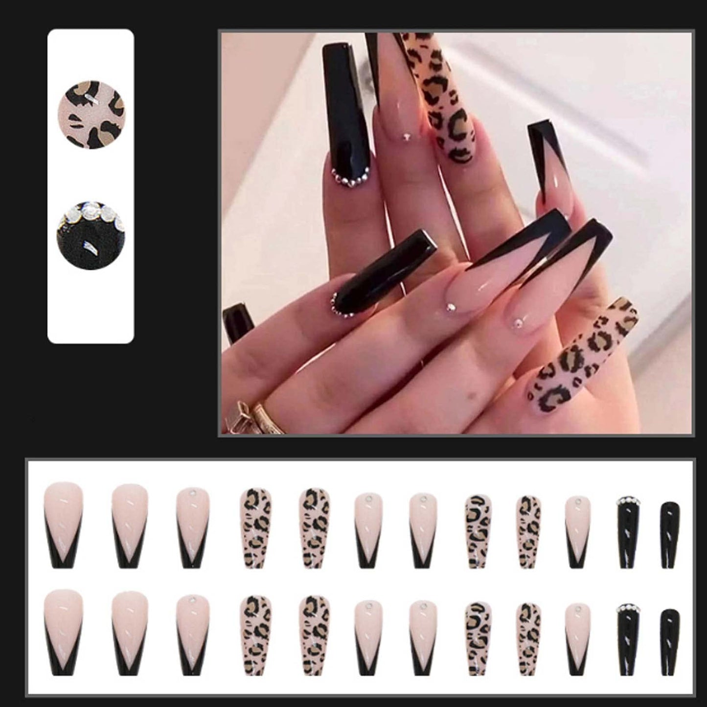 DANMANR Long Press on Nails Square French Fake Nails Full Cover Nude Acrylic False Nails for Women and Girls 24PCS (Black Coffin French)