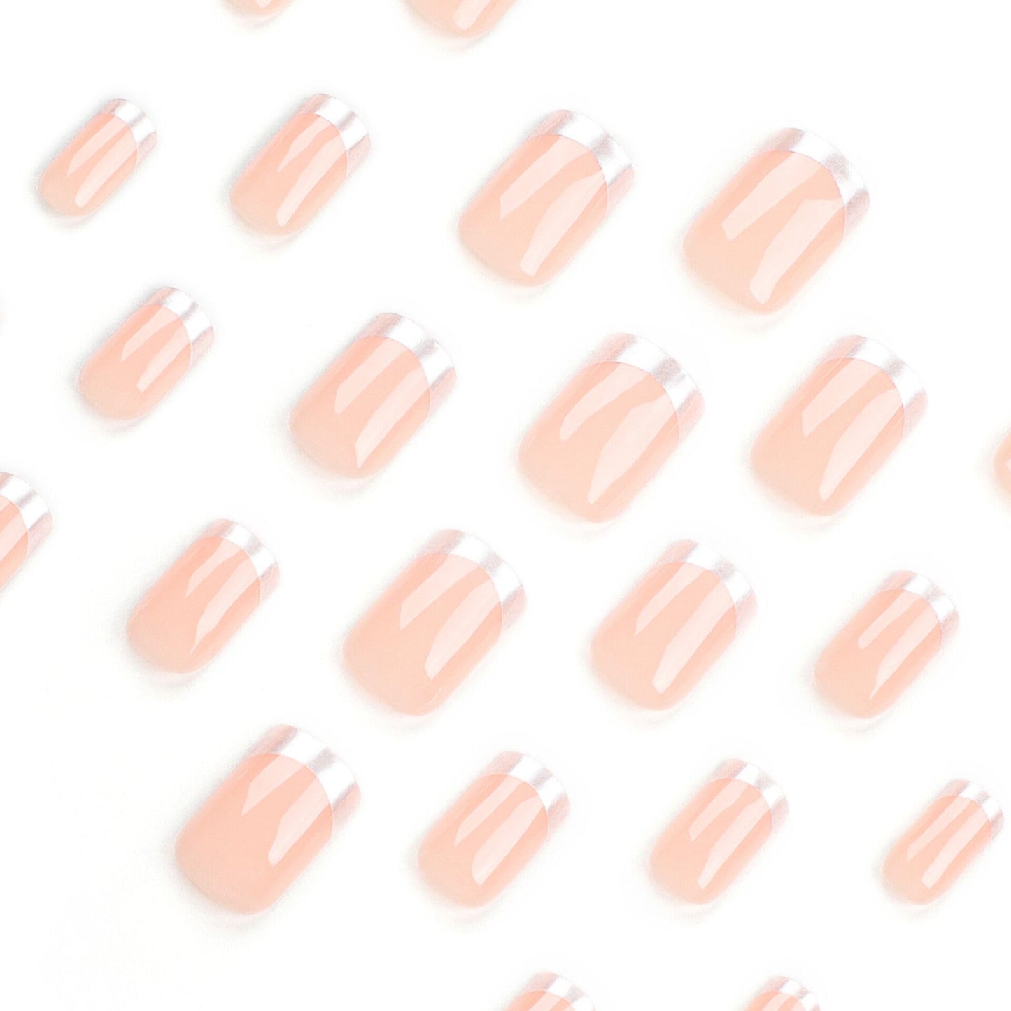CTTHNBD Press on Nails Square - Short Fake Nails with Silver French Design - Nude False Nails Glossy Stick on - for Women 24 Pcs