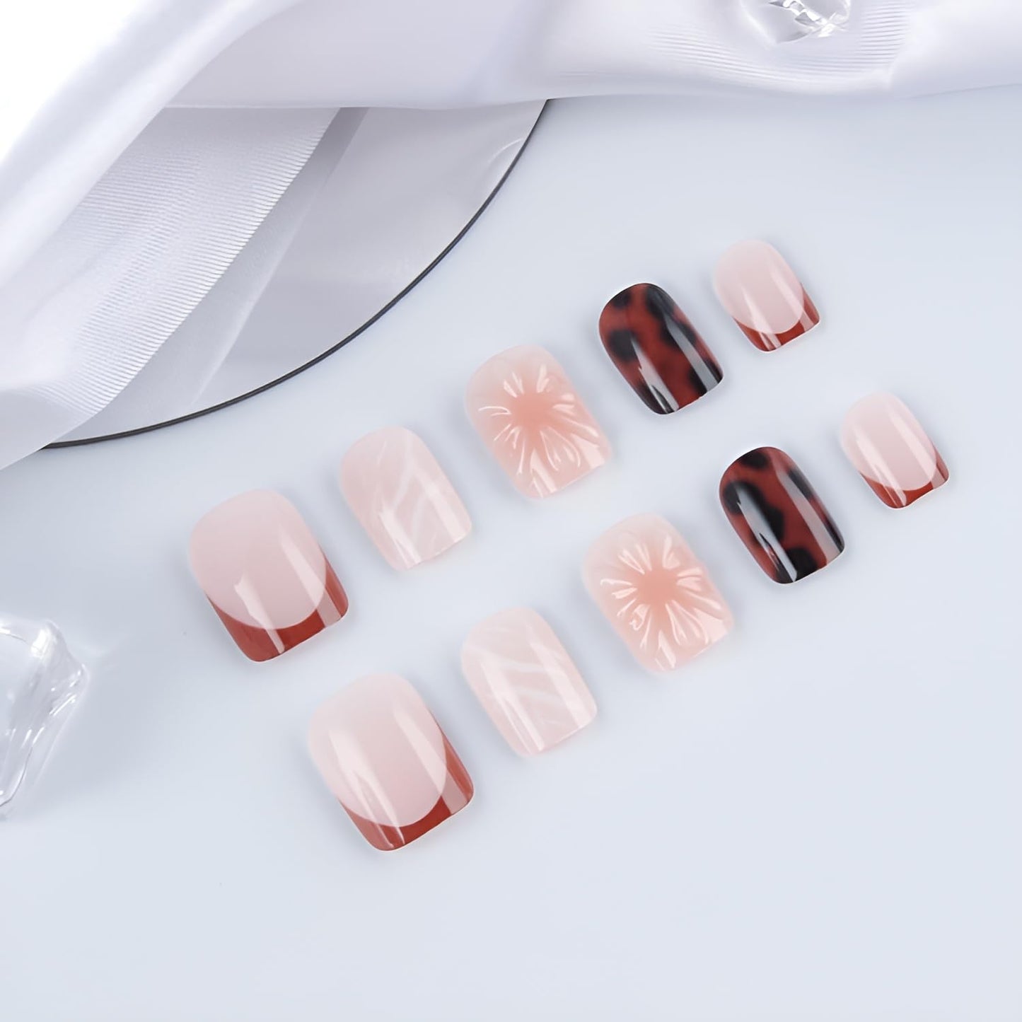 24Pcs Short Square Fake Nails 3D Flower Press on Nails Brown French Tip Stick on Nail Leopard Print Nails Press Ons Glossy False Nails Acrylic Stick on Nail for Women Decorations Set