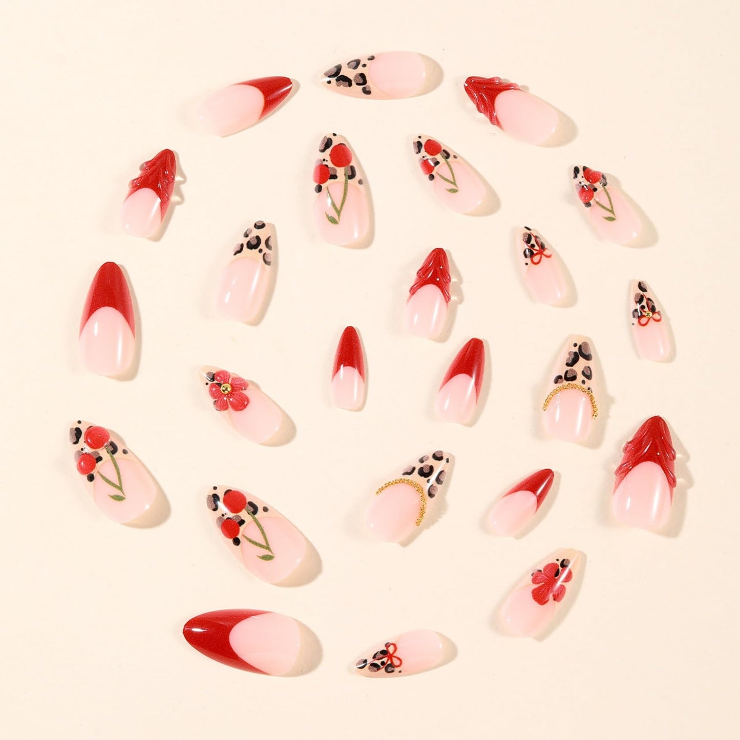 Medium Almond Press on Nails for Women,Cherry & Leopard,Fake Nails with Red Flower,Gold Chain Artificial Stick on Nail