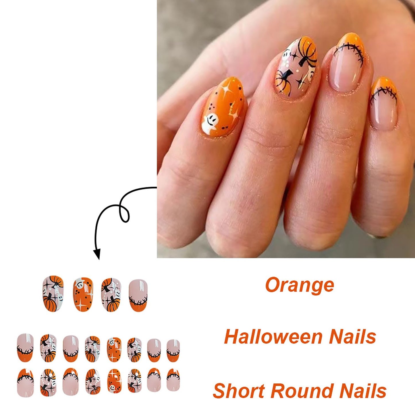 Halloween Press on Nails Orange French Tip Fake Nail Cute Pumpkin Ghost False Nail Short Nude Pink Nails Press ons Halloween Glue on Nails Acrylic Nail for Women 24Pcs