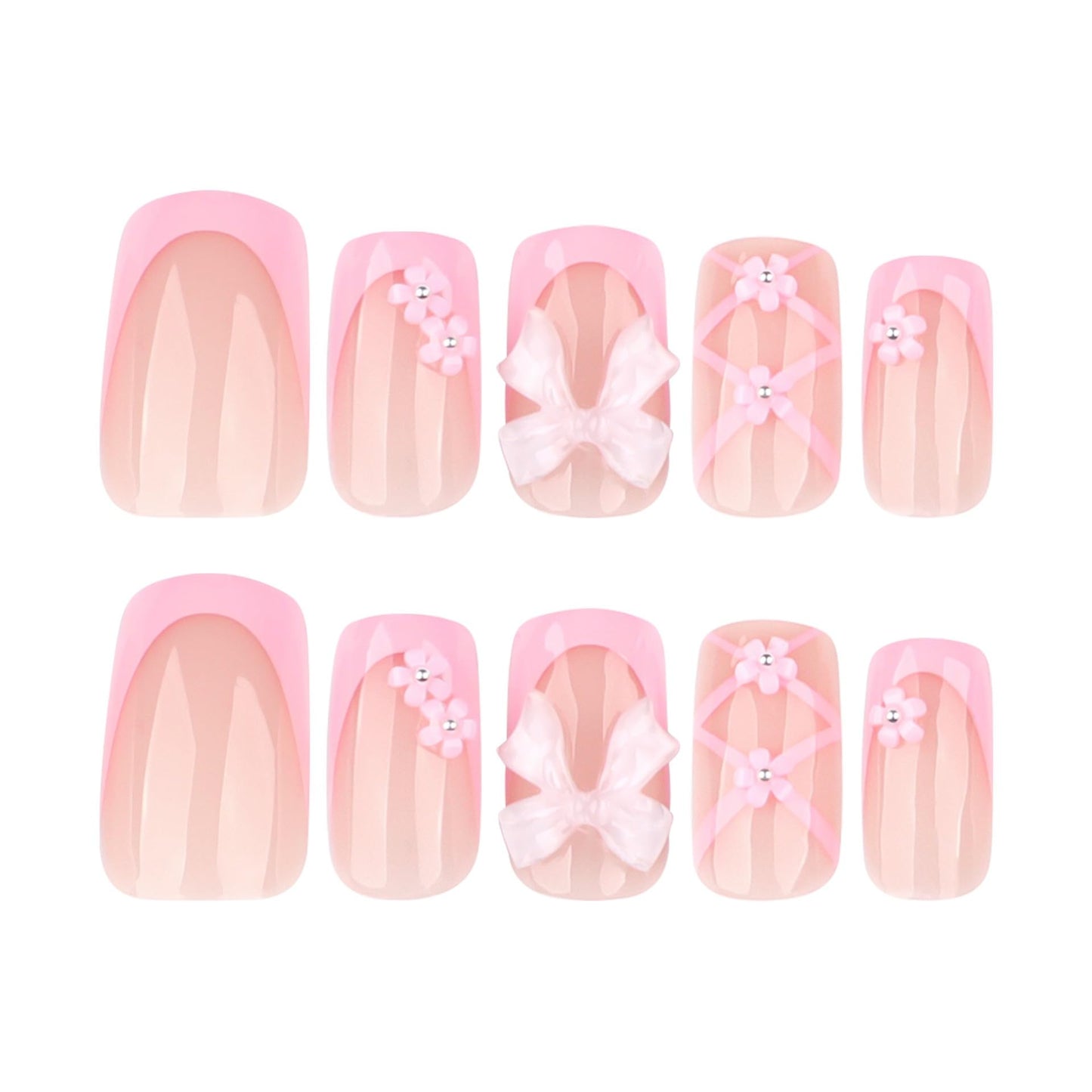 CTTHNBD Medium Press on Square Nails - Pink French Tip Fake Nails with Flower Bow Design - Glossy Stick on False Nails for Women - 24 Pcs