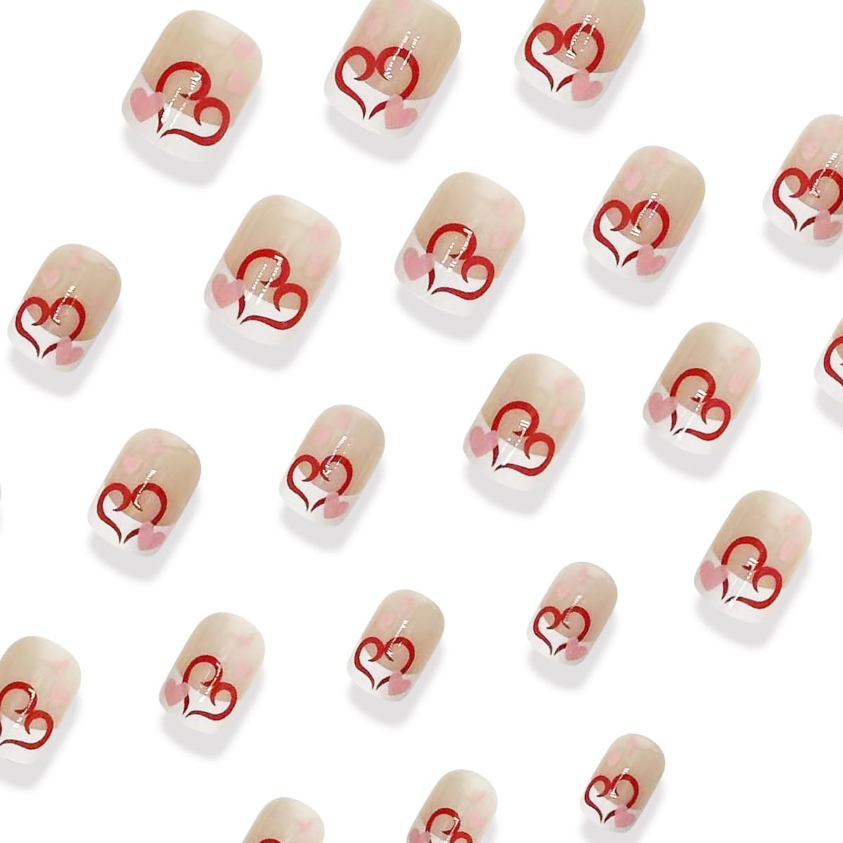 Valentines Press On Nails Short Square Red Heart Fake Nails Pink Heart Nails Press ons White French Tips Full Cover Acrylic Nails Glue on Nails Stick on Nails False Nails for Women Girls 24 Pcs