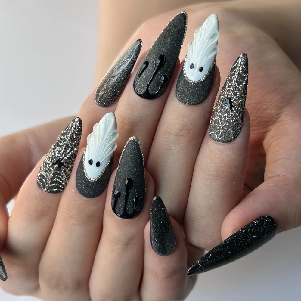 MAGLFELL Halloween Press On Nails Handmade Long Stiletto Fake Nails, Apparition nails Sparkling Design press ons,10 Pcs Reusable Painting Fingernail Tip Salon Artificial Nails Kit (Size S）