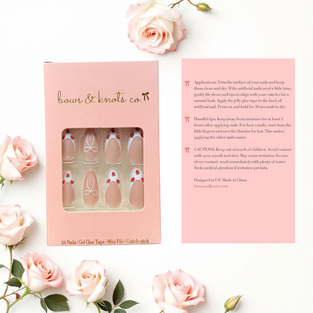 24 Pcs Press On Nails Short, Soft Gel Fake Nails, Glossy, Durable & Reusable, Easy to Apply Glue On Nails for Women By Bows And Knots