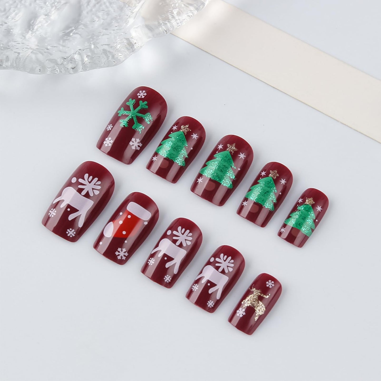 Christmas Stocking Press on Nails Christmas Medium Square False Nails 24Pcs Snowflake Gel Glue on Nail Xmas Tree Stick on Fingernails Glossy Gold Glitter Elk Acrylic Fake Nail for Women Xmas Gift