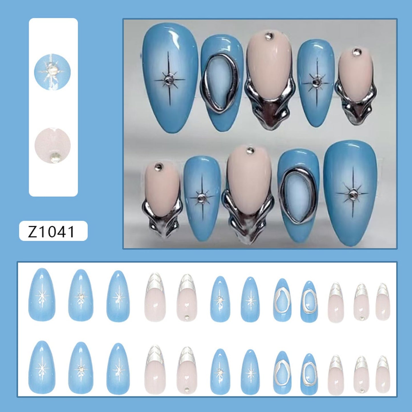 24Pcs Handmade Blue Press on Nails Medium Almond with 3D Crystal Rhinestones Design, Sparkling Star Fake Nail Tips Y2k Gradient Blue French Style Silver Star Sweet Almond Shape False Nails for Women