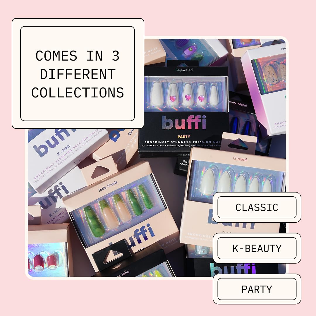 BUFFI Press-On Nails First Kiss - Short Round Oval Nail Tips in Red Crescent Half-Moon Design - Classic Y2K-Inspired Fake Nails with Glue - 28Pcs False Nails Kit with Nail File, Prep Pad & Stick