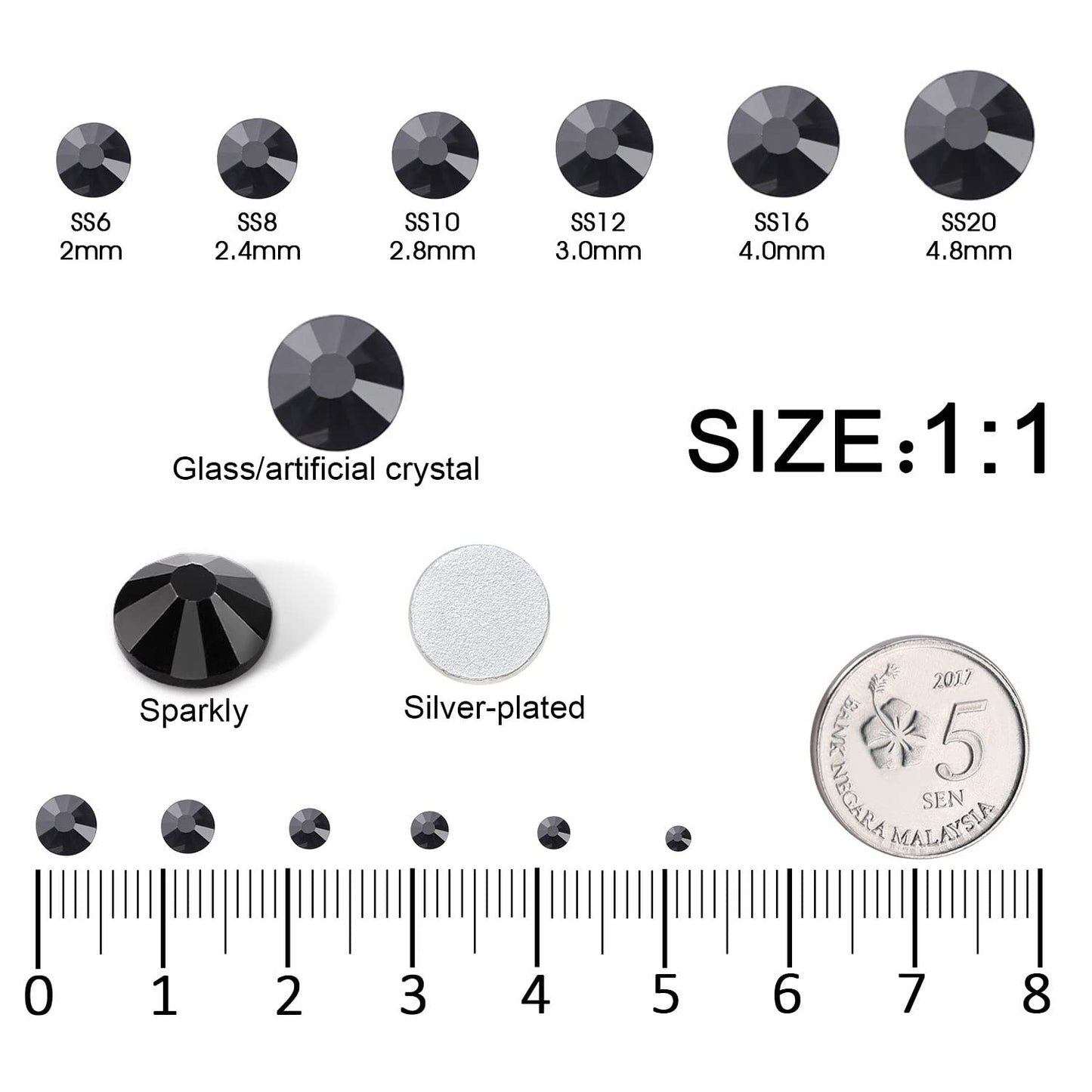 Meibite Black Glass Flatback Rhinestones for Nails, Crafts & Clothes – 4240PCS 6 Sizes (SS6–SS20) Crystal Gems Kit with Tweezers & Picker, Non Hotfix DIY Rhinestones for Tumblers, Shoes, Nail Art