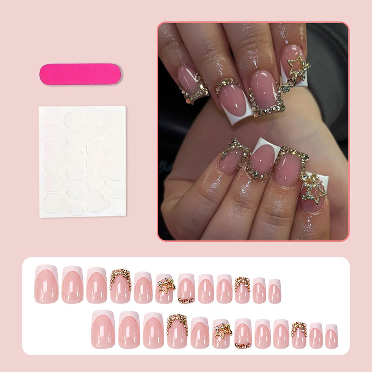 24Pcs Gold Rhinestones Press on Nails Short Square French Tip Fake Nails 3D Diamond with Gold Star Gems Glitter Full Cover Reusable Acrylic Nails Glossy Stick on Nails for Women Girl Acrylic Nails DIY
