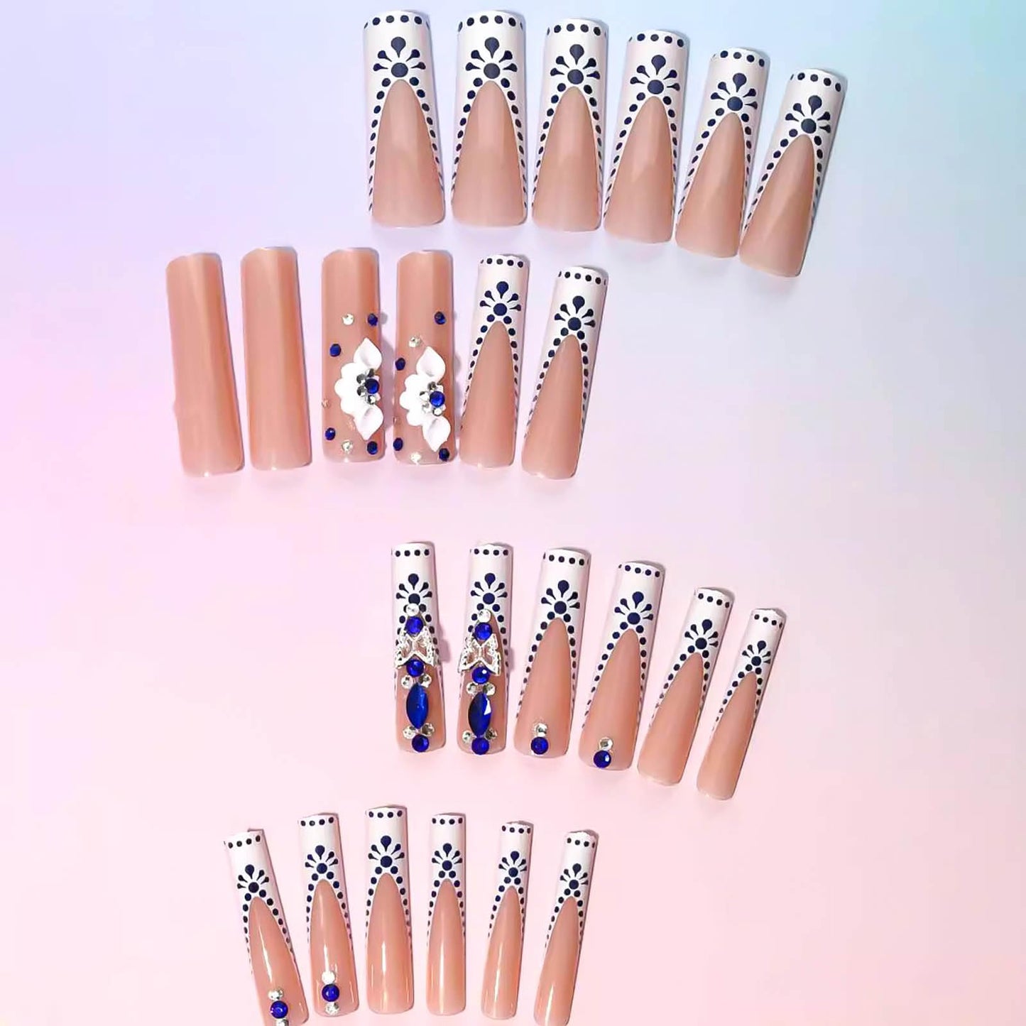 RUOKEXIN Long Nail Press ons Square Press on Nails White French Fake Nails Nude Full Cover False Nails with 3D Flower Butterfly Designs Sparkly Glue on Nails Fall Winter Stick on Nails for Women 24Pcs