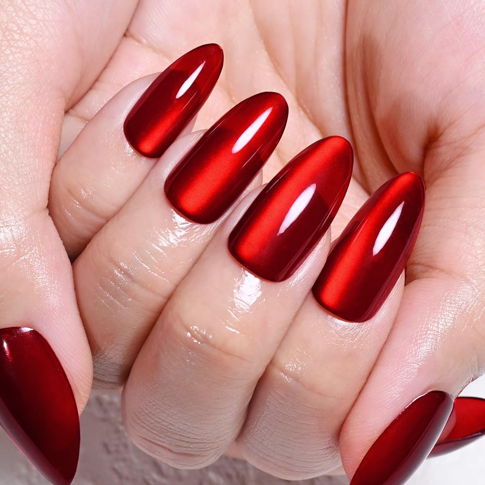 XZMeiLun Cat Eye Red Press On Nails Almond Medium Length, Magnetic Acrylic Fake Nails Stylish Design, Salon-Quality Shiny Finish, Reusable Stick On Nails Kit for Women, Daily Wear (No Glue Included)