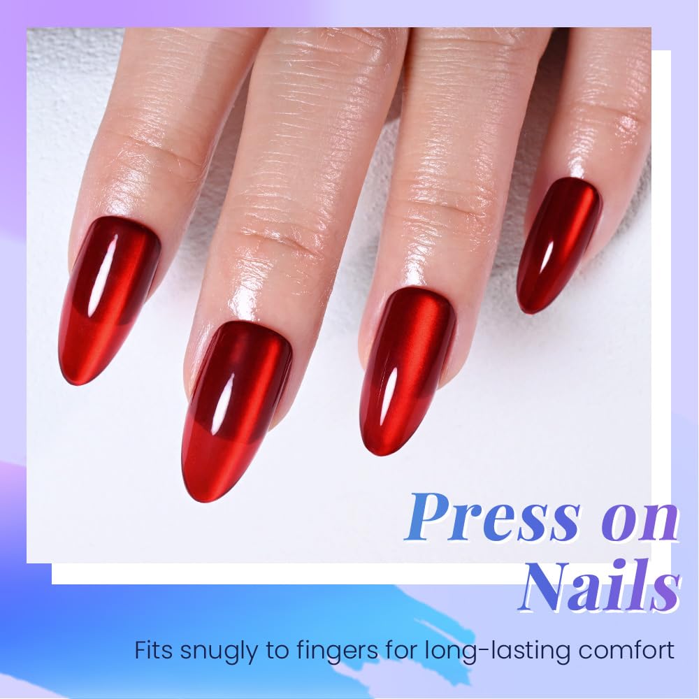 XZMeiLun Cat Eye Red Press On Nails Almond Medium Length, Magnetic Acrylic Fake Nails Stylish Design, Salon-Quality Shiny Finish, Reusable Stick On Nails Kit for Women, Daily Wear (No Glue Included)