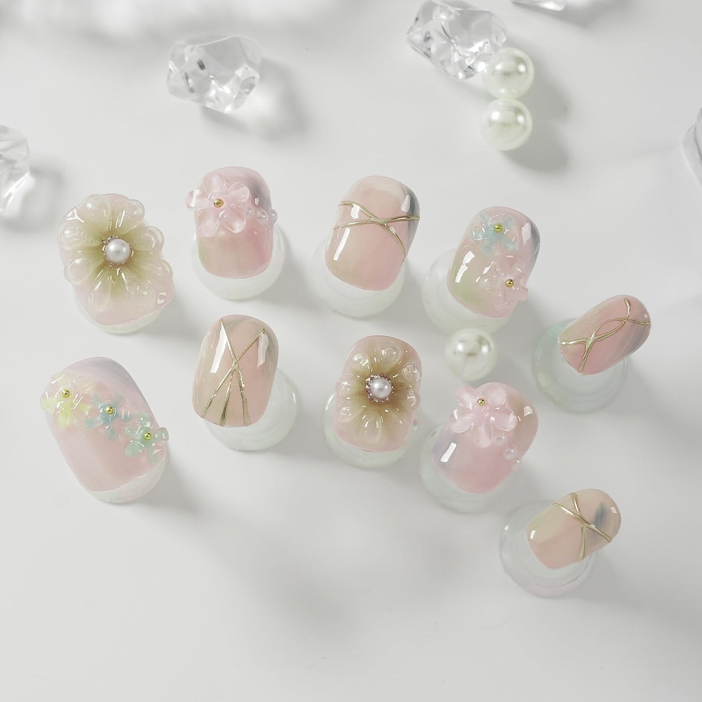 Tesytto 3D Floral Press on Nails Short Round - Handmade Pink Gradient with Pearls, Luxury Soft Gel Reusable Fake Nails (Soft Petal Pearl Glow, L)