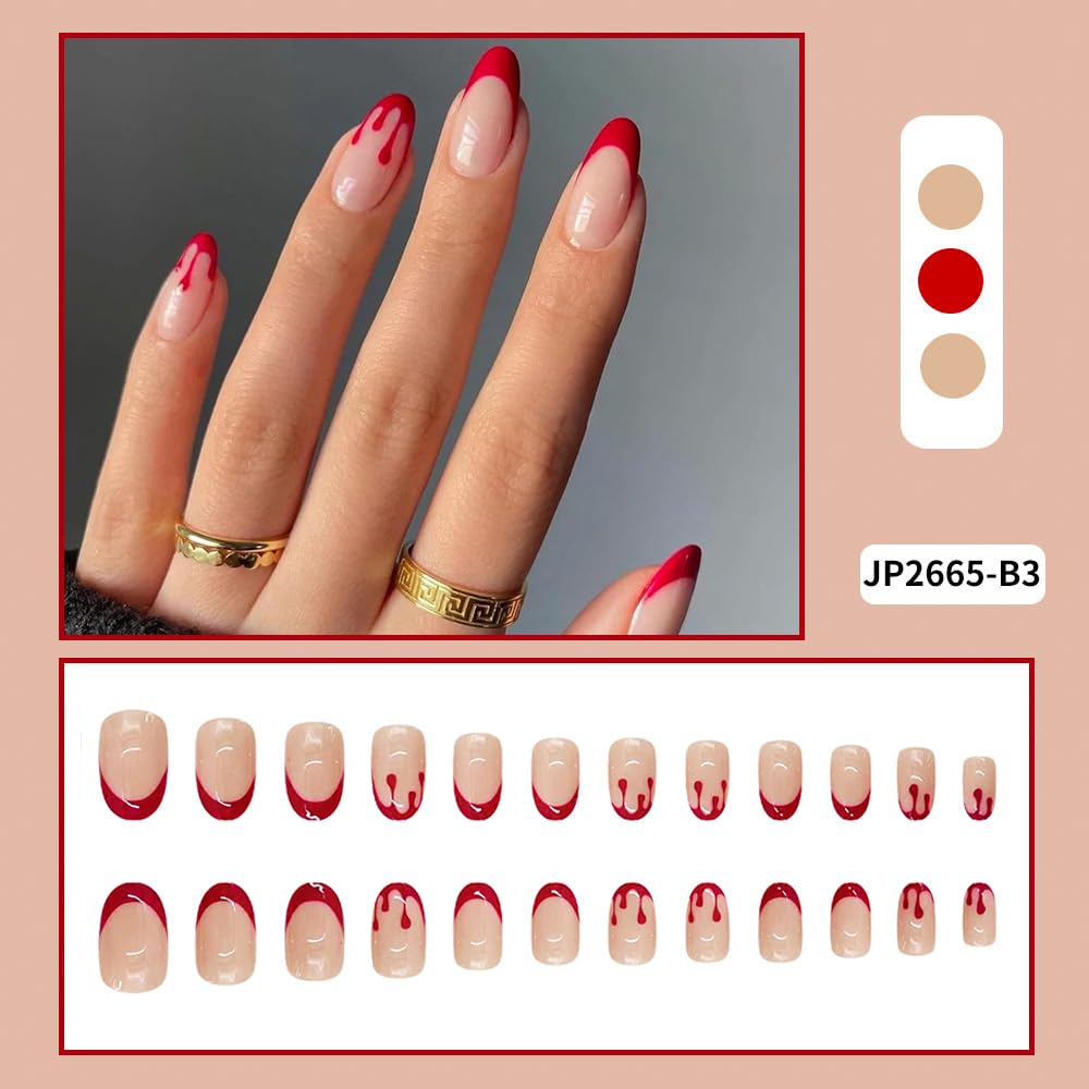 Halloween Press on Nails Red French Tip Almond Fake Nails with Terror Blood Designs Holiday Press on Nails Glossy Nude Artificial Nails for Women Halloween Manicure Supplies 24Pcs