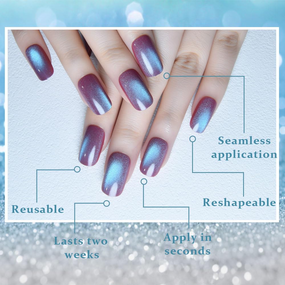 XZMeiLun Purple Reflective Blue Press On Nails - Cat Eye Medium Square Magnetic Acrylic Fake Nails, Stylish Design, Salon-Quality Shiny Finish, Reusable Stick On Nails Kit for Women (No Glue Included)