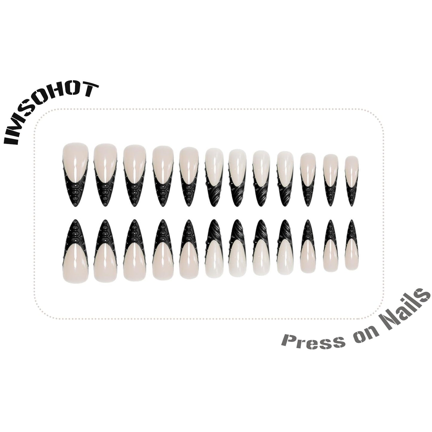 IMSOHOT Press on Nails - Long Stiletto Fake Nails Black French Tips False Nails with 3D Designs Full Cover Glossy Gel Handmade Glue on Nails Acrylic Nail Supplies