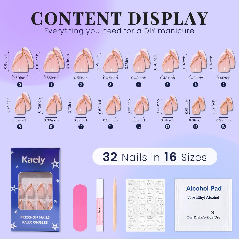 evpct French Tip Press On Nails Short Almond, Nude + Gold Pink Line & White Tips, Short Almond Fake False Press on Nails, Reusable Gel Stick on nail Press ons Nail Kit, Salon Quality