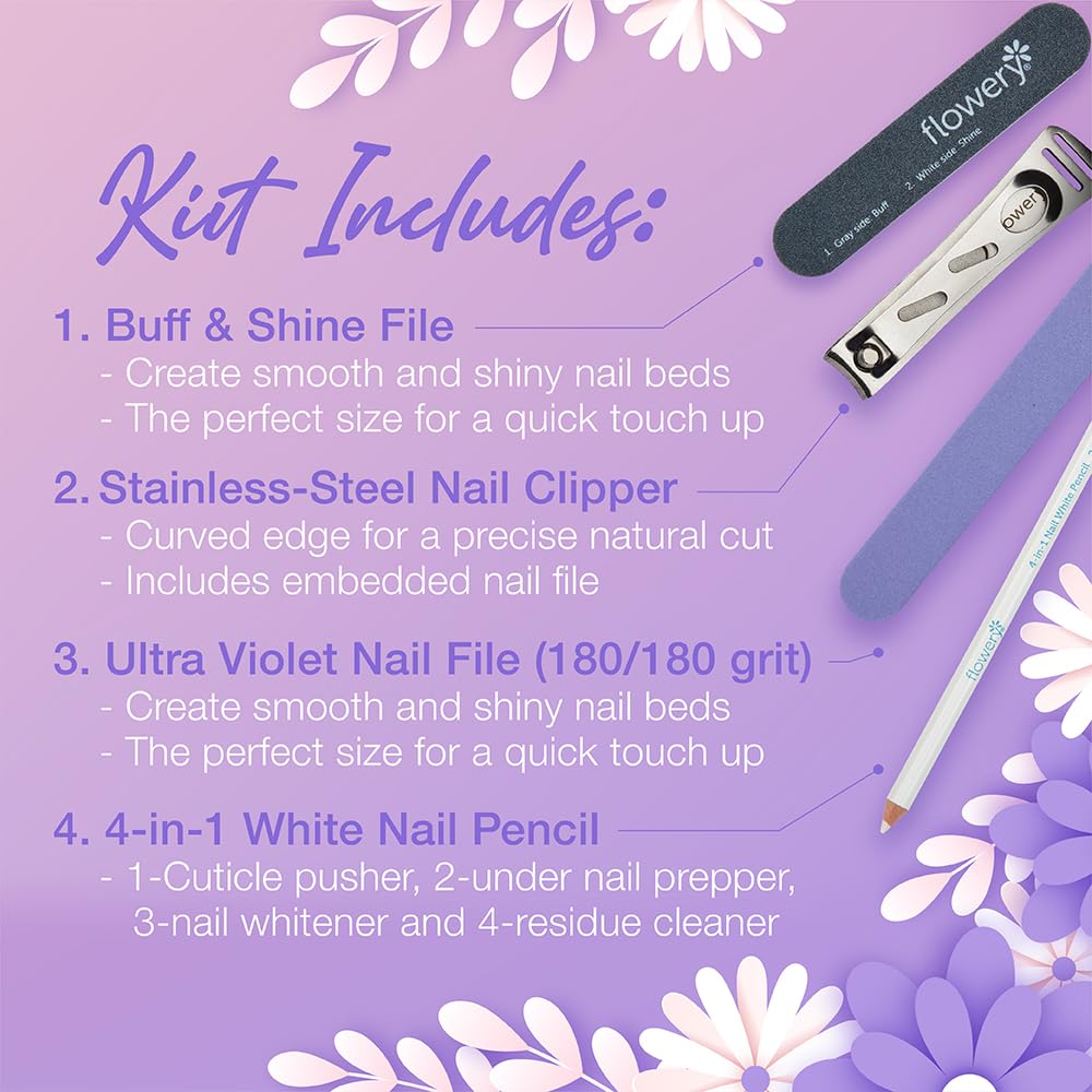Flowery Natural French Manicure Kit – with Nail Clipper, File, Buff & Shine Block, White Pencil – DIY Home Nail Care Kit for Women and Men