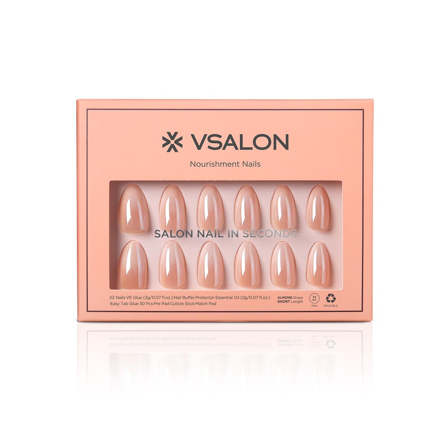 VSALON Short Almond Press on Nails - Chrome Nude Ombre Fake Nails Kit for Women - Reusable Opaque Glazed Salon Quality Glue on Nails Spring Summer Nails 32 PCS in 16 Sizes