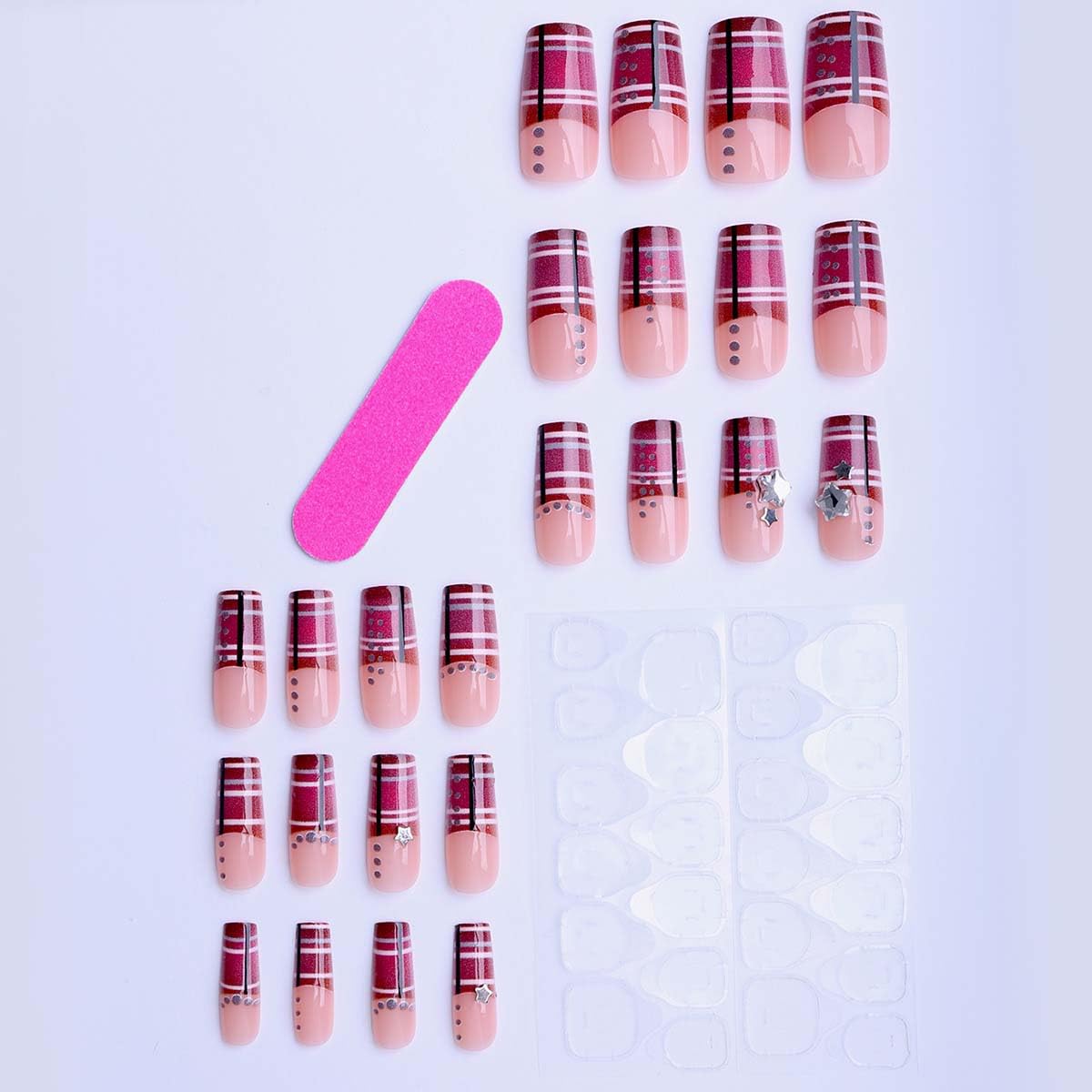 LINMEIZAI 24Pcs French Press on Nails Medium Square Pink Fake Nails Press ons Nail Tips, Stick on Nails Acrylic Nails Kit Star Gems False Nails Scottish Plaid Design Nail Art for Women Cheer Manicure