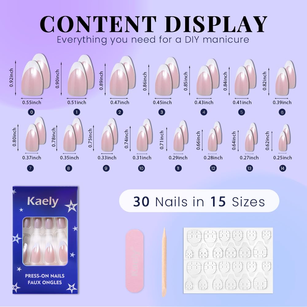 evpct Pale Nude Cat Eye French Tip Press on Nails Almond Medium No Glue, White French Tip Medium Almond Holographic Stick on Nails for Women Gift, Reusable Full Cover Soft Press on Nail Perfectly Fit