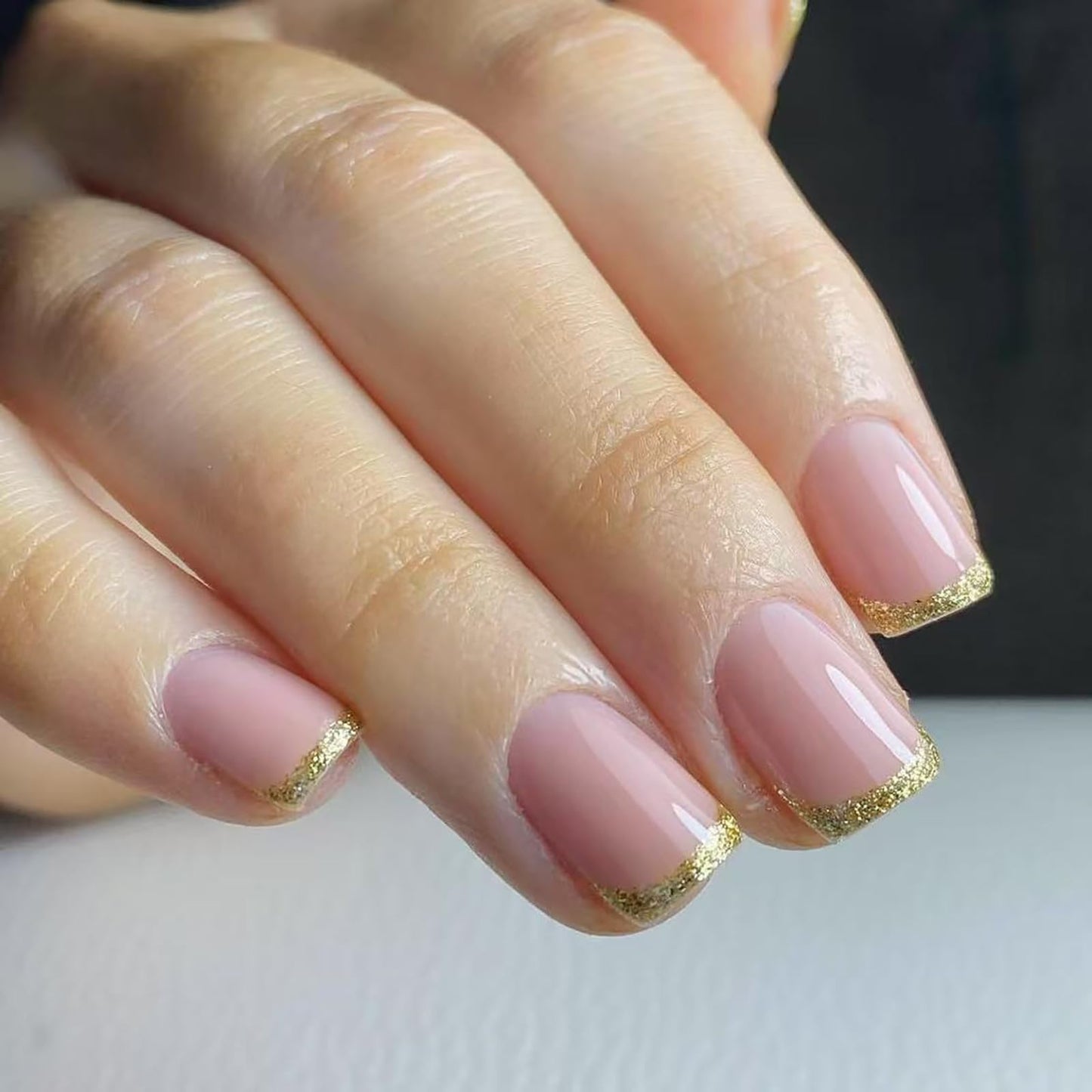 Short Square Press on Nails with Gold French Tip Fake Nails Nude Pink Nails Press ons Acrylic Nails False Nails Glossy Artificial Full Cover Stick on Nails for Women Girls 24 Pcs