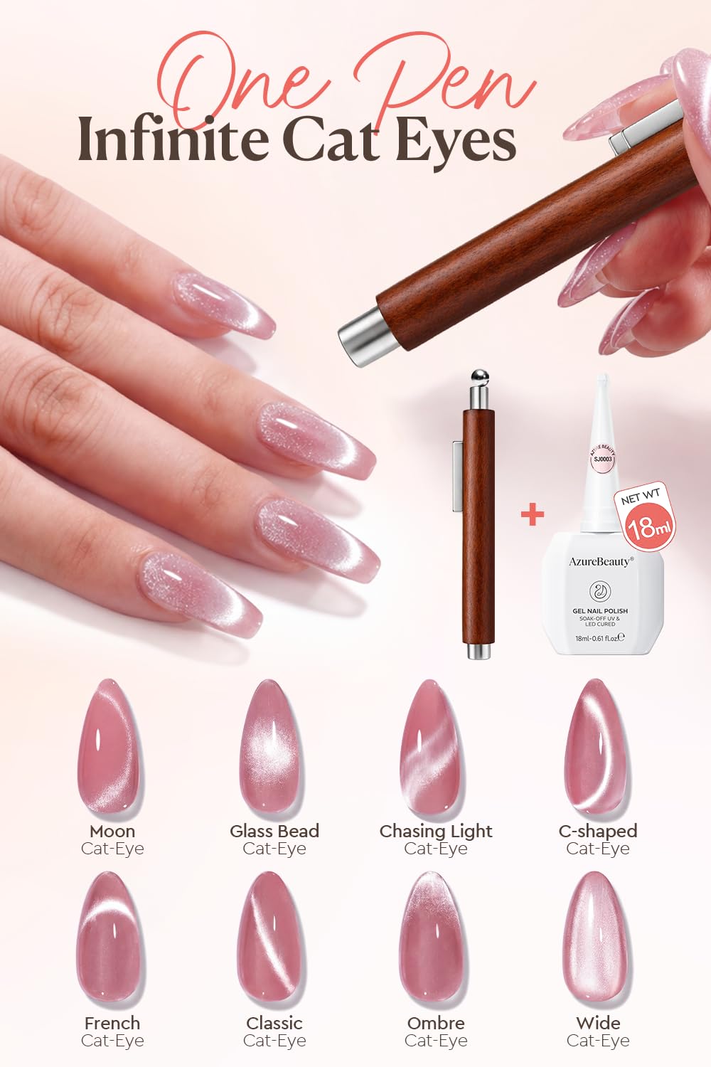 AzureBeauty 4-in-1 Cat Eye Magnet for Nails，Wooden 3-Head Nail Magnet Pens with Round Ball, Multi-Function Nail Magnets for Cat Eye Gel Polish DIY at Home Salon (Magnet Only, No Gel Included)
