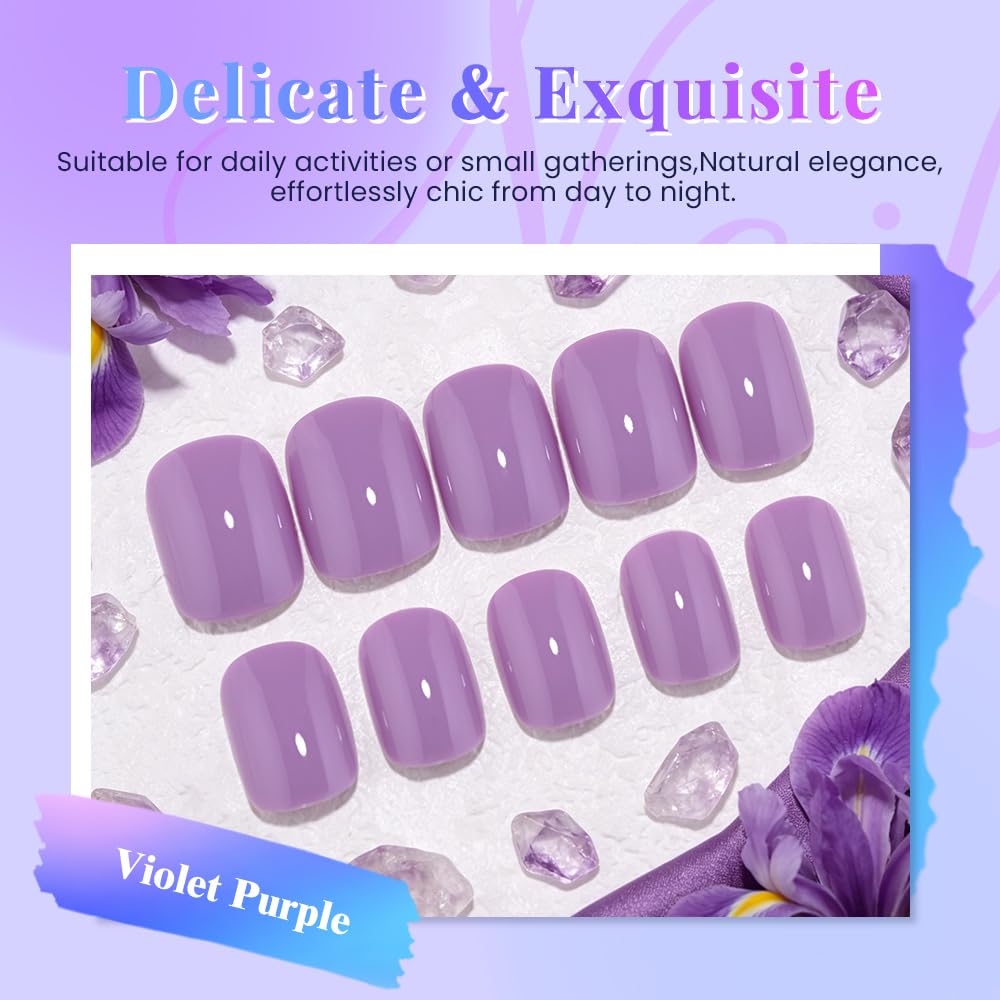 evpct Violet Purple Glossy Squoval Short Press on Nails for Women, Purple Extra Short Squoval No Glue Stick on Nails with Kit, Reusable Full Cover Soft Press on Fake Nail Salon-quality Perfectly Fit