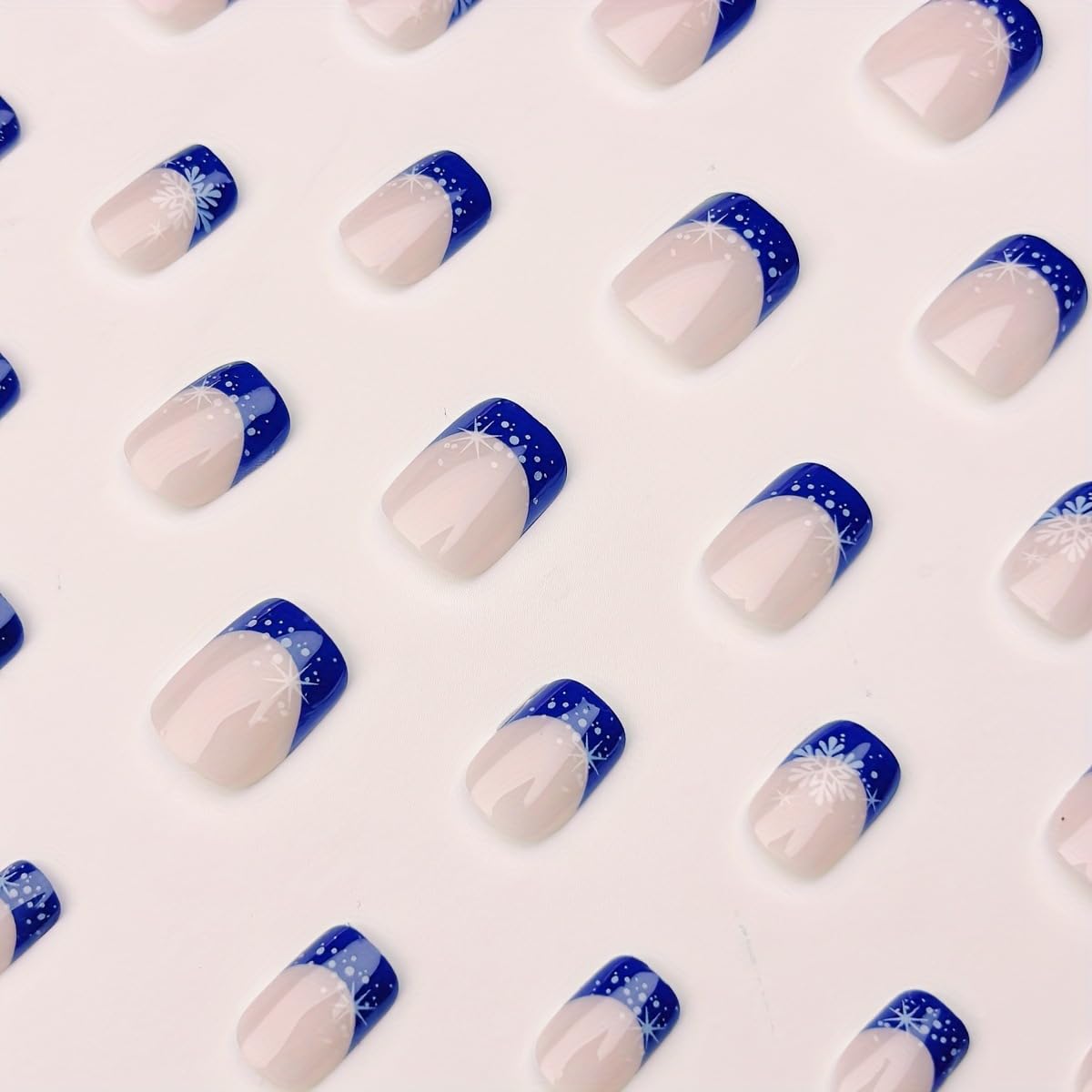 Christmas Blue French Tip Press on Nails Square Short Snowflake Fake Nails Winter Nude Pink Gradient False Nail Full Cover Reusable Acrylic Nails Christmas Glue on Nail for Women 24Pcs