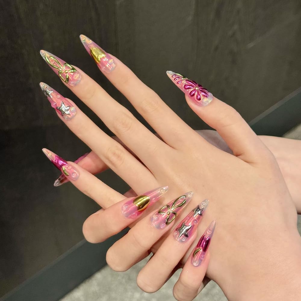 Handmade Press on Nails Long Stiletto Fake Nails French Tip False Nail with 3D Bow Flower Heart Designs Purple Sparkly Artificial Nail for Women 10pcs (Size M）