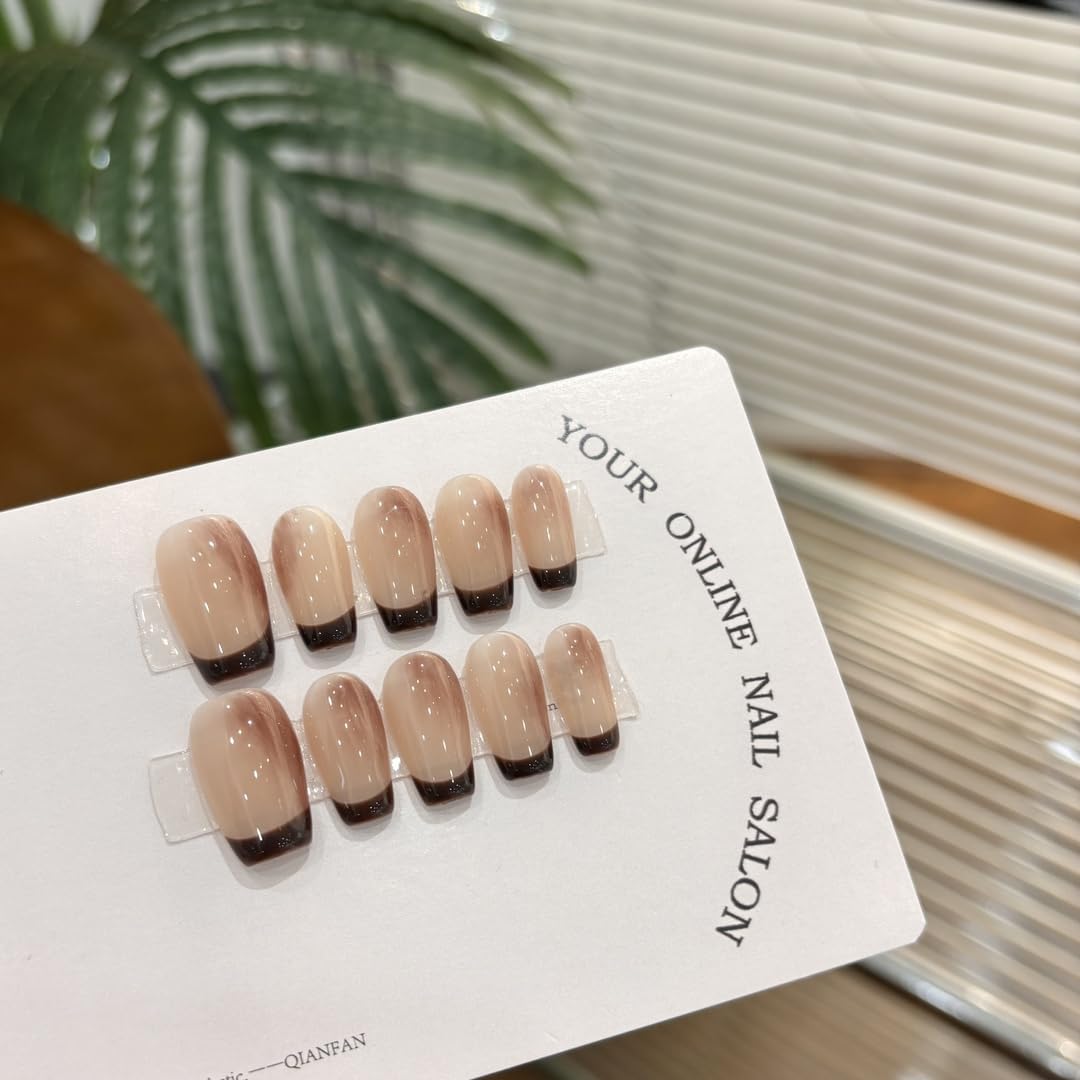 Mocha Gradient French Tip Press On Nails, Medium Almond Shape, Reusable Manicure Set，Gradient Nude Fake Nails for Office Wear (M)