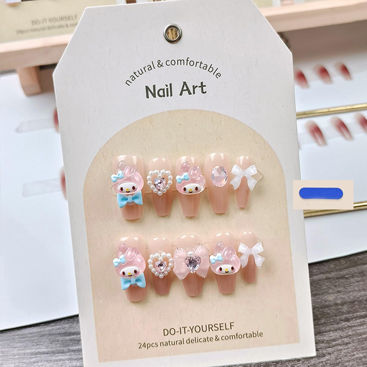 24Pcs Nude Press On Medium Square Glossy Glue On Nails With 3D Kawaii Heart Bow Charms Design French Stick On Cute False Artificial Acrylic Nails For Women Girls Manicure