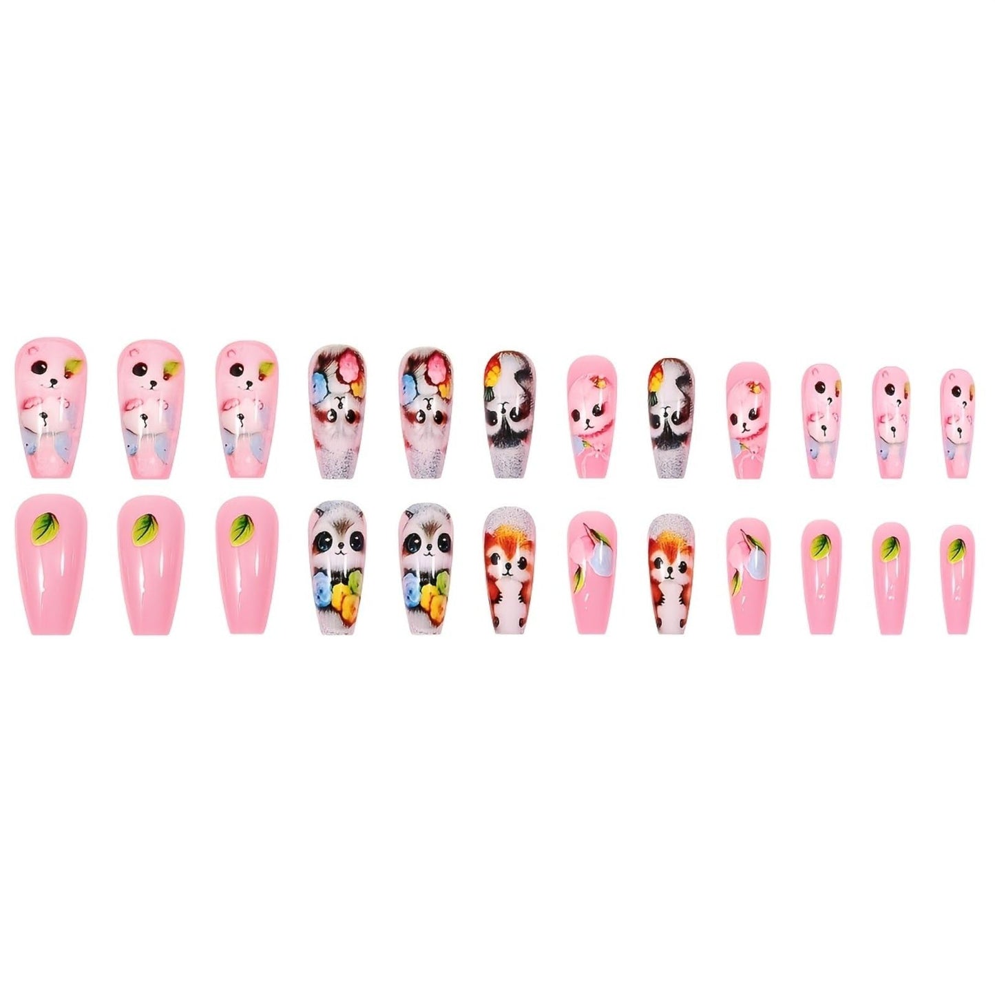 Coffin Press on Nails Medium Pink Fake Nails Raccoon Fox False Nails with Fruit Flower Design Cute Animal Artificial Acrylic Nails Full Cover Glossy Spring Summer Stick on Nails for Women Manicure Art